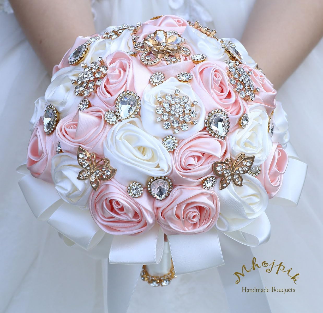 bridal wedding bouquet round bling brooch bouquet throw toss artificial rose flower bunch for bride bridesmaid wedding quinceanera (light salmon pink & ivory, 9.8") 801g light salmon pink & ivory large (dia. 9.8"/25cm)