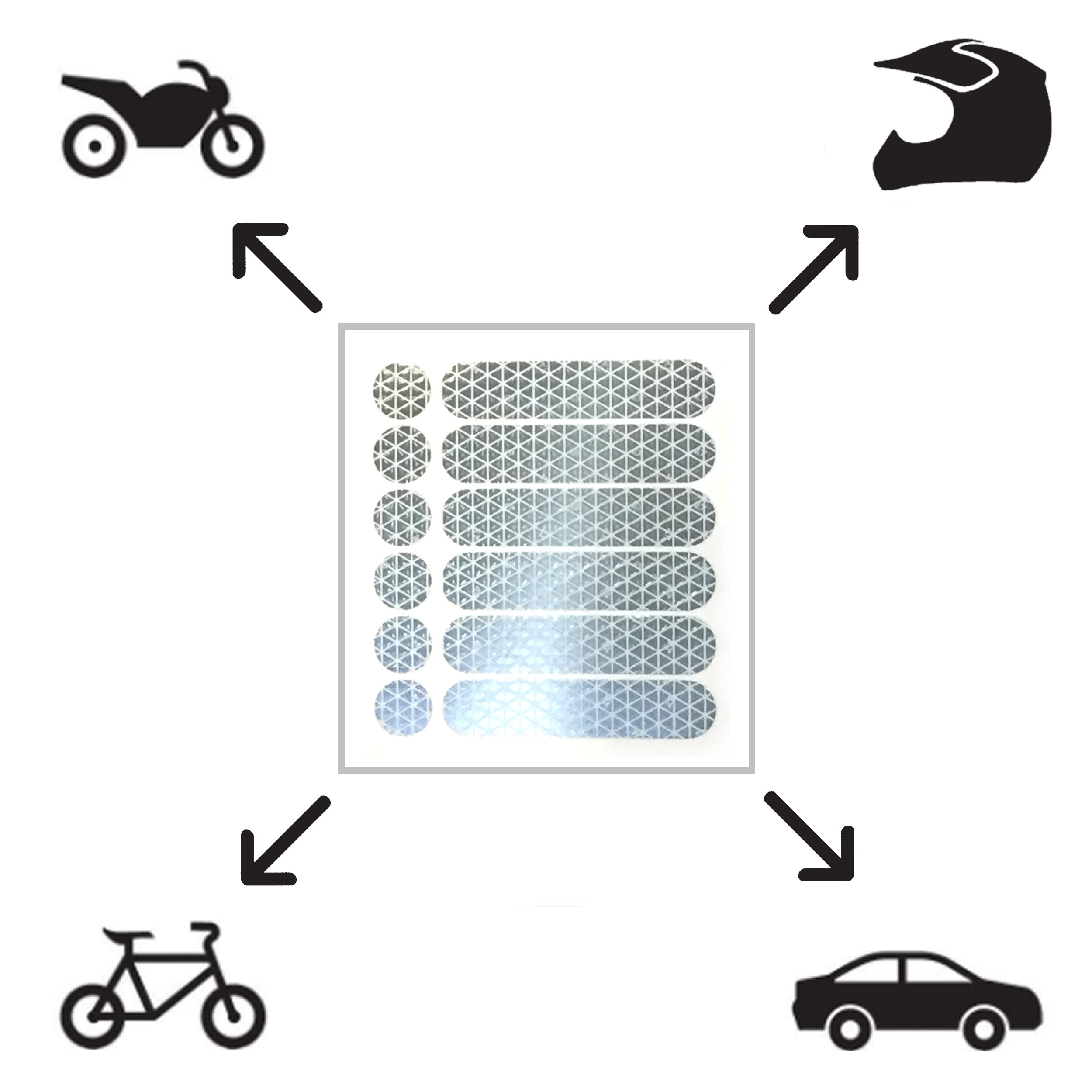 customTAYLOR33 Lot de 2 autocollants réfléchissants de sécurité pour moto, vélo, snowboard, casque de course ou véhicules (12 bandes et 12 cercles) Blanc/argenté/chromé
