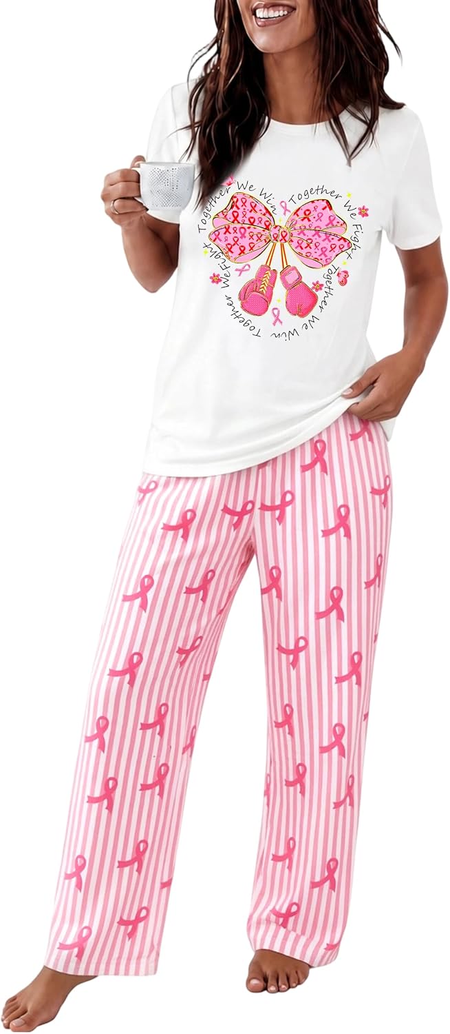 Womens 2 Piece Halloween Pajamas Breast Cancer Short Sleeve Sets