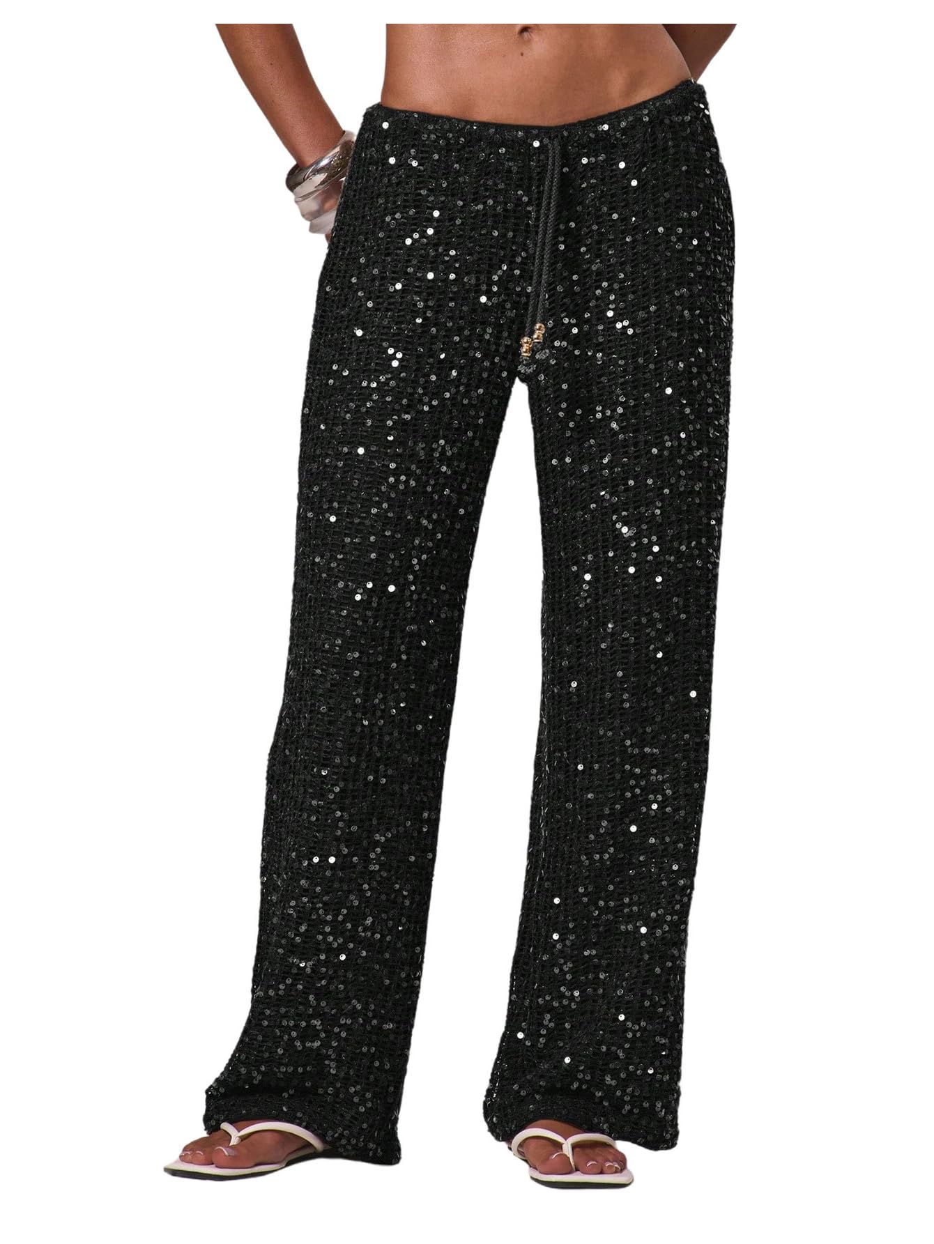 Pantaloni Copricostume all'Uncinetto con Paillettes da Donna Spiaggia Scavati Costumi Bagno Marrone X-Small