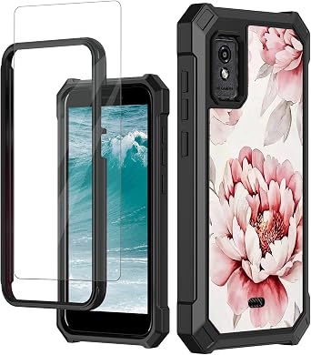 for BLU Studio Mini 2023 Phone Case with Tempered Glass Screen Protector for Women Men Dual Layer Hard PC Bumper Heavy Duty Shockproof Protective Cover Case for BLU Studio Mini 2023, Art Pink Flowers