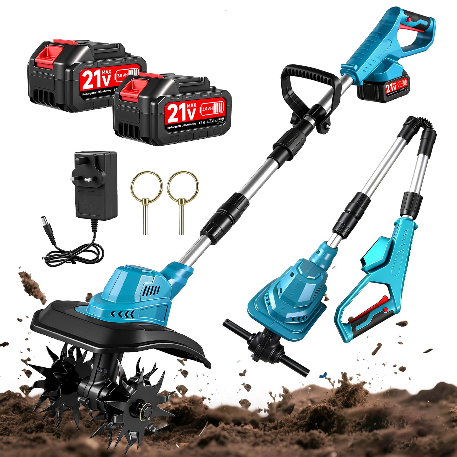 wowspeed 21V Cordless Tiller Cultivator with 2 Battery, 360rpm Rechargeable Lawn Scarifier, Foldable Electric Lawn Scarifiers, 20CM Tilling Width, 16CM Blade for Soil Cultivation Lawns Gardening