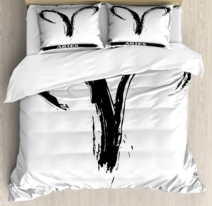 Ambesonne Astrology Duvet Cover Sets, Aries Astrology Sign with Grunge Illustration Elements Character Venus, Bedding Set with 2 Duvet Covers 4 Pillowcases, 2 Pack Cal King Size, White Black