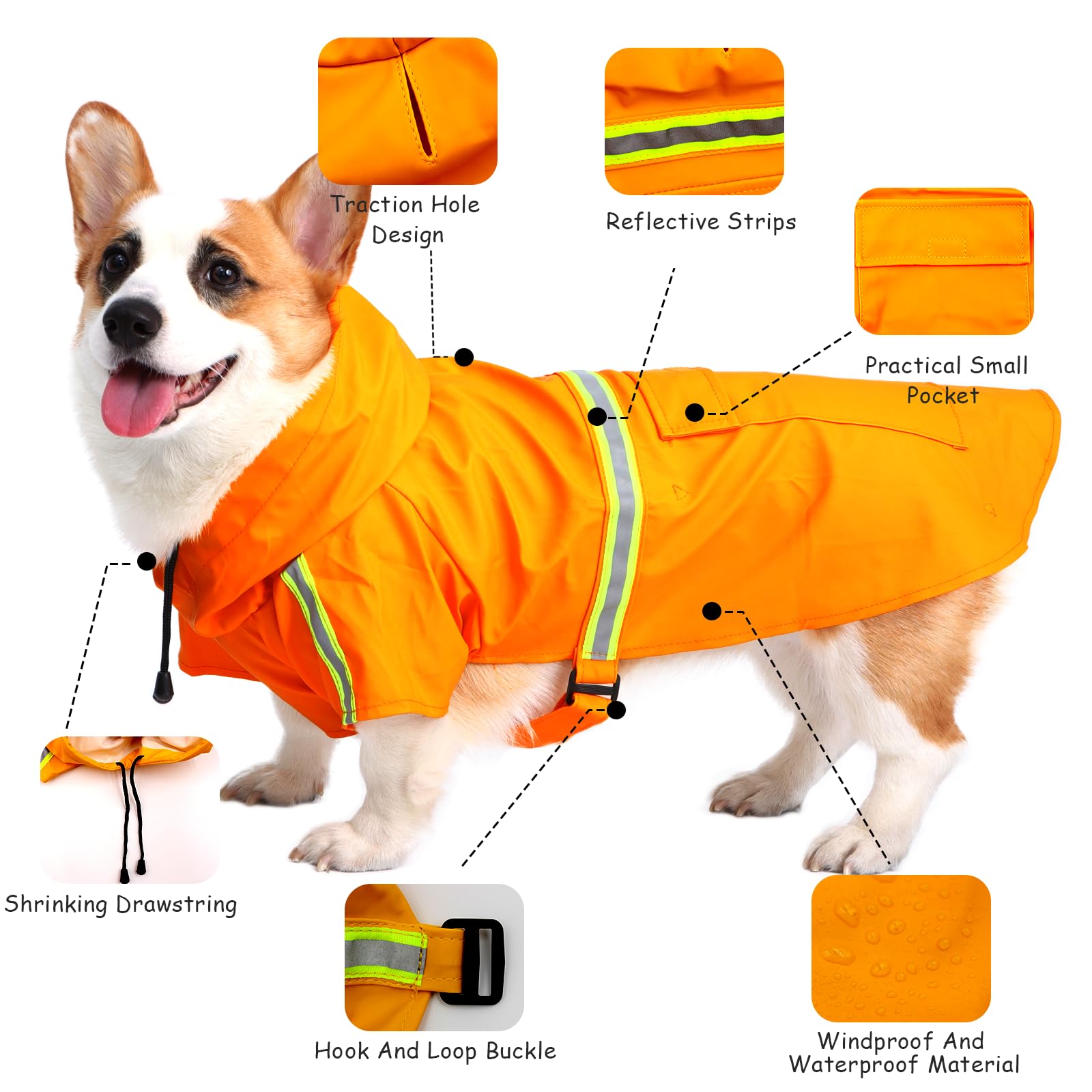 BWBIKE Waterproof Dog Raincoat Adjustable Pet Rainproof Clothes Lightweight Dog Rain Jacket Poncho Hoodies with Strip Reflective for Small Medium Large Dogs Orange - Image 3