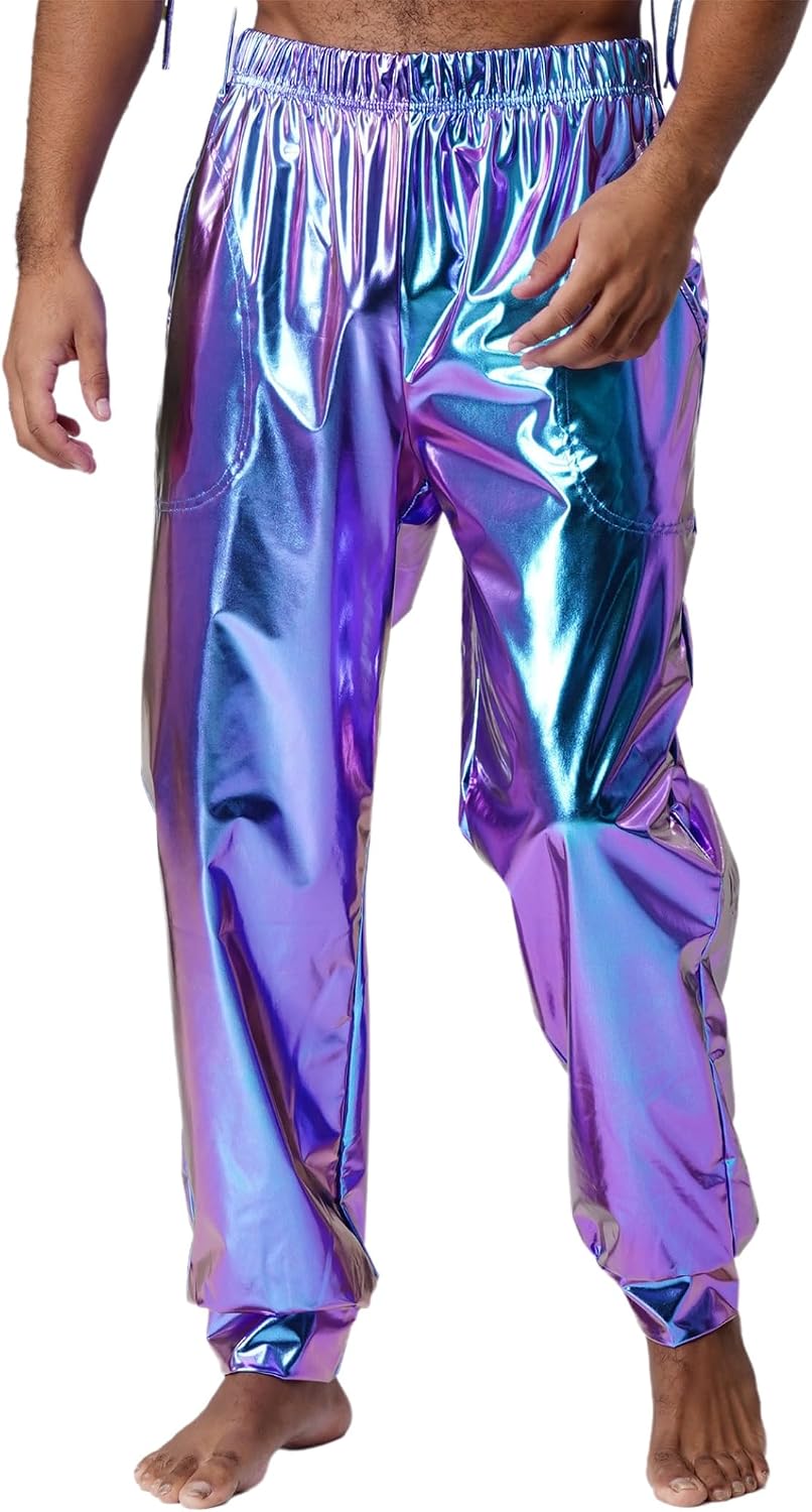 Mens Shiny Metallic Herem Pants High Waist Side Pockets Baggy Pants Disco Dance Trousers