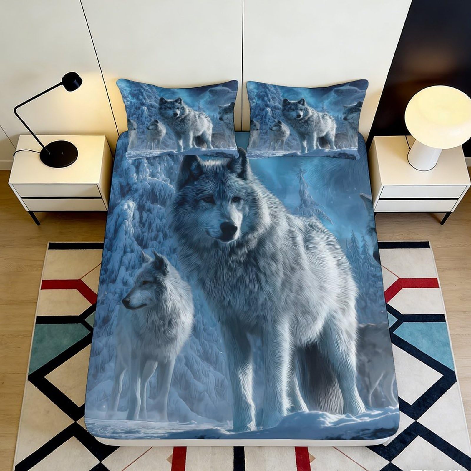 3D Printed Wolf Forest Fitted Sheet Microfiber Soft Blue Winter Scene Mattress Cover Anti-Slip Washable for Bedroom Decor 120x200x25cm