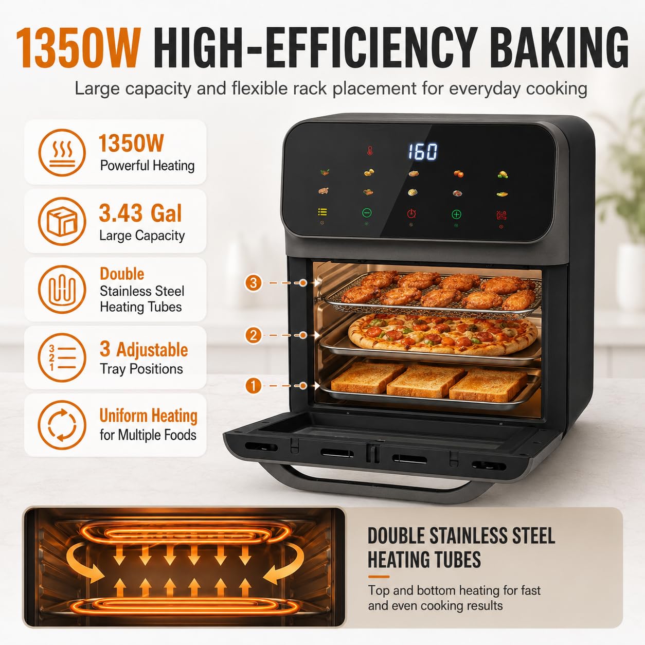 Mini piekarnik 13 litrów, 1350 W piekarnik elektryczny z ekranem dotykowym LCD, mini piekarnik z timerem 15-60 min, system cyrkulacji gorącego powietrza, mini piekarnik z blachą do pieczenia