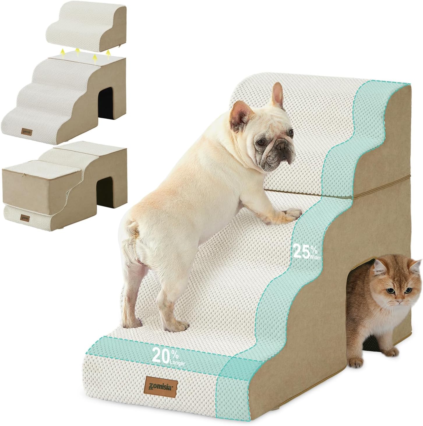 Dog Stairs for Large Dogs - 5 Steps 24" H Pet Ramps for High Bed 2 in 1 with Zippers Suitable for Cats, Indoor Cat Ladders with Non-Slip Bottom, Beige 5-Steps Curved Beige Fleece