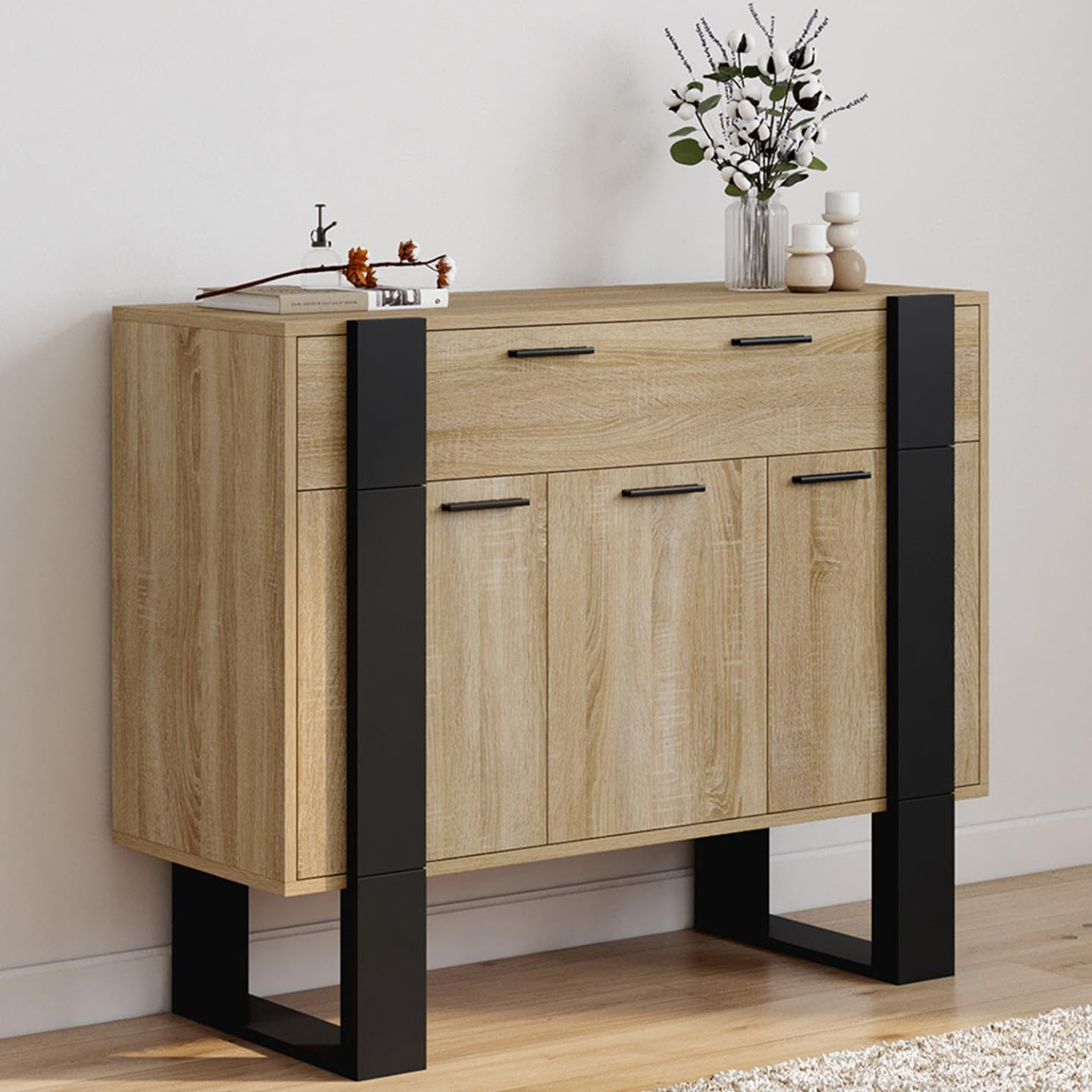 IDMarket - Mueble aparador Phoenix 100 cm con 3 puertas y 1 cajón, madera y negro