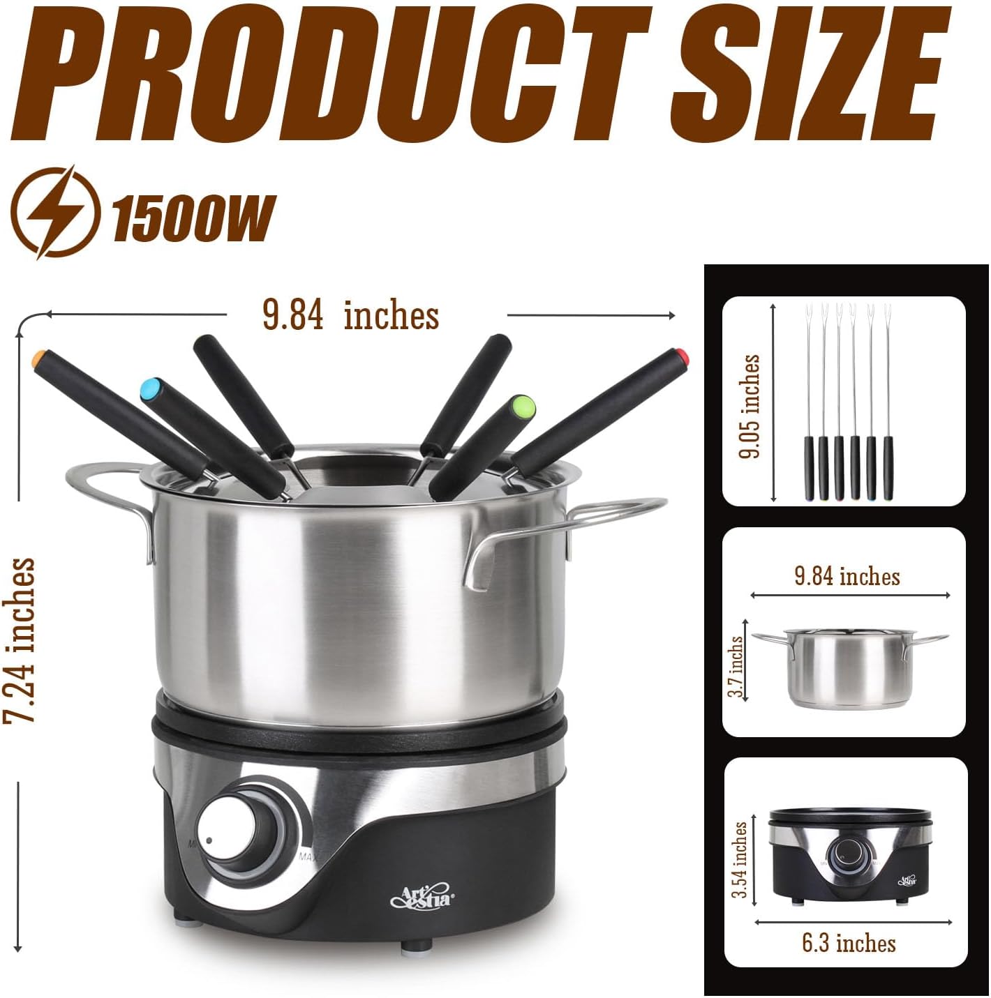 Artestia Electric Fondue Pot Set for 6 – Temperature Control Chocolate Cheese Fondue Maker with Stainless Steel Pot & Forks, Perfect for Party & Family - Image 7