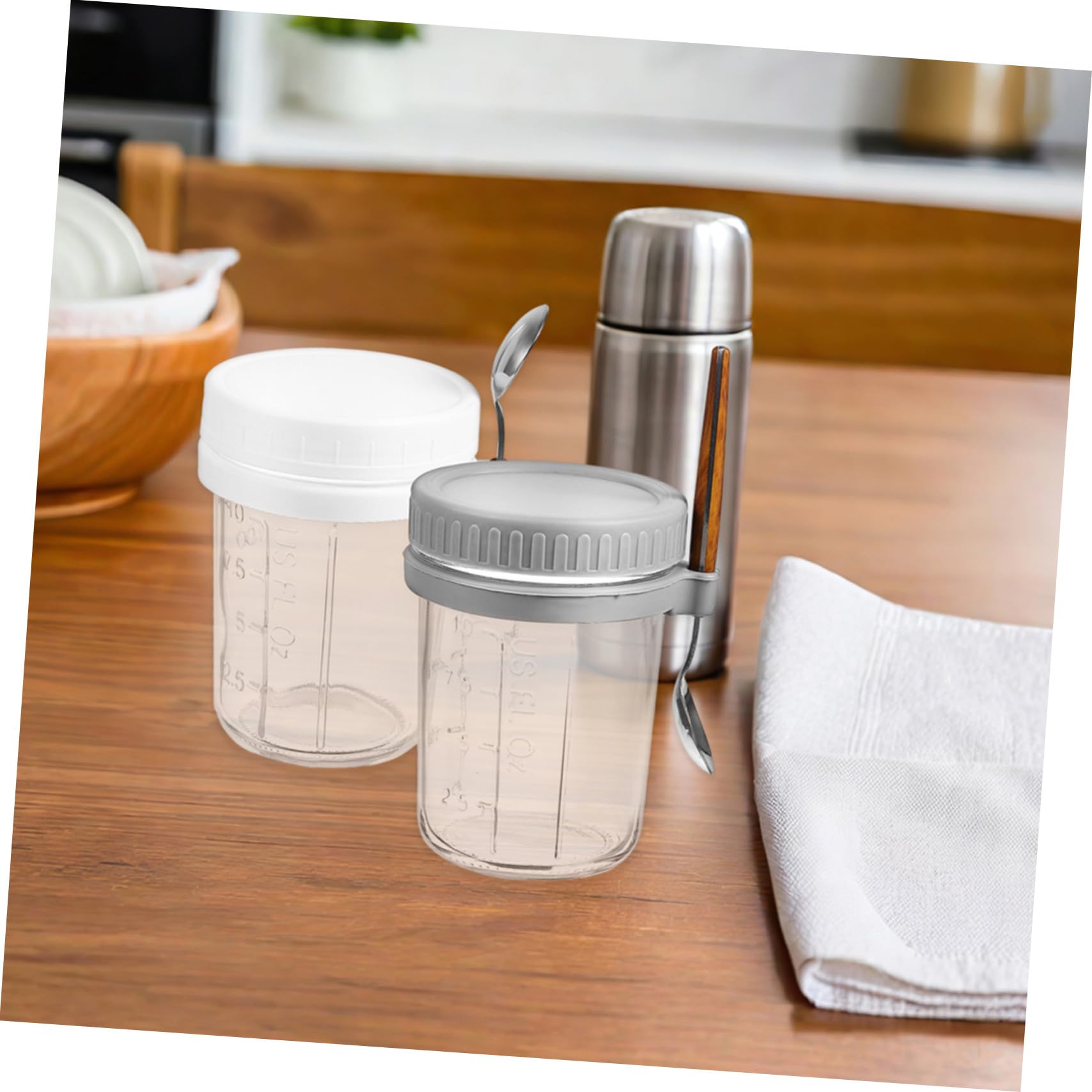 4 pièces Bocaux Verre Déjeuner avec Cuillères Intégrées Pots Hermétiques pour Overnight Oats Yaourt Fruits Secs Cuisine Polyvalente