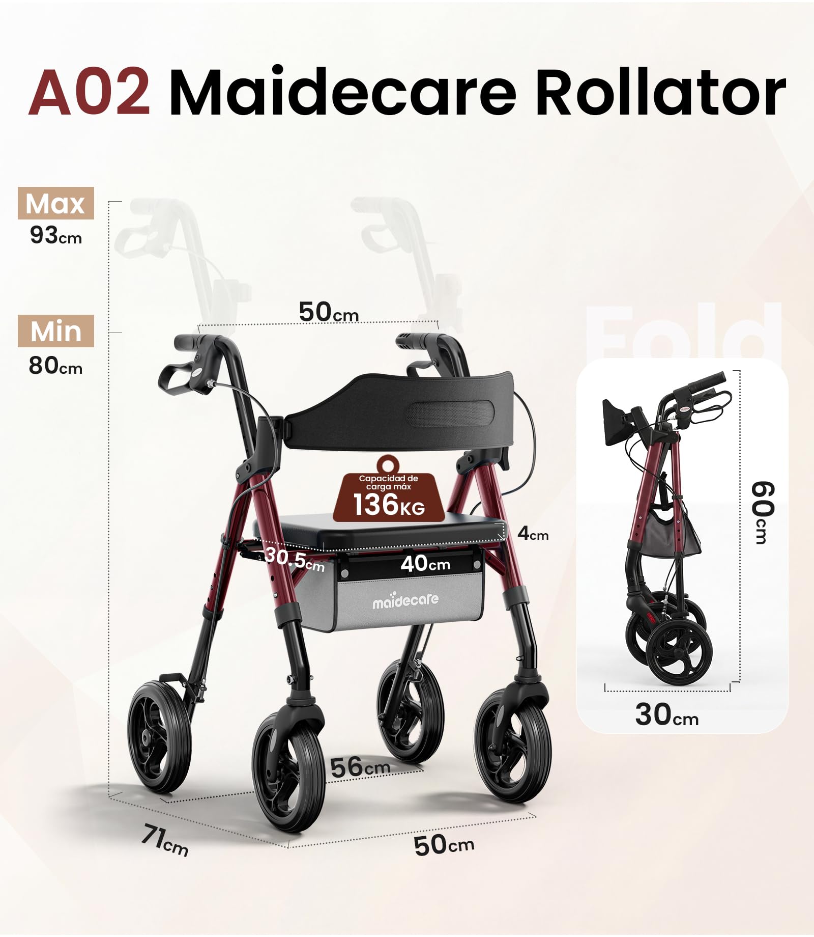Andador para Ancianos con Asiento Plegable, Manillar y Asiento Regulables en Altura, Caminadores para Mayores, Ayuda para Caminar Ligera con Freno, Ruedas 8" Todoterreno, Rojo Oscuro