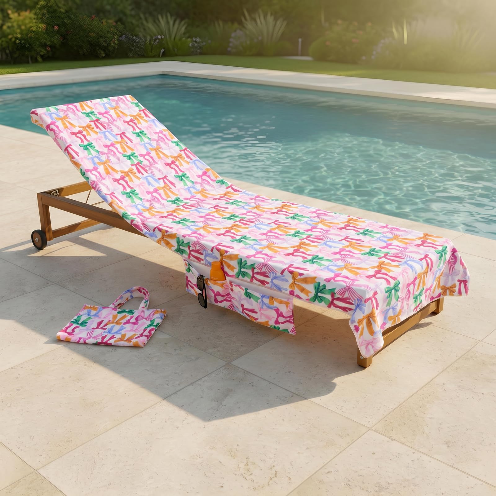 OHS Sun Lounger Towels with Pockets, Soft Quick-Dry Absorbent Beach Towels for Adults Sunbed Towel Microfibre Large Beach Towel in a Bag Summer Holiday Essentials, 75 x 215cm - Multi Bows Pink