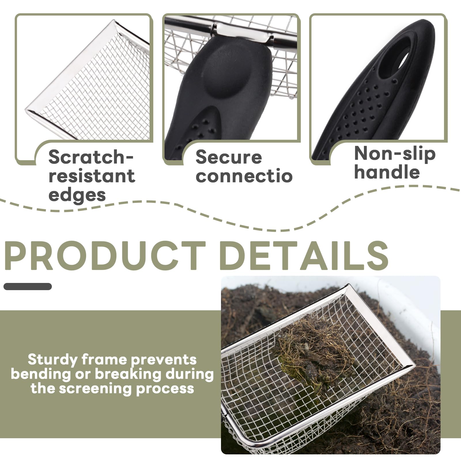 Yitexin Cribas de arenaifter de Acero Inoxidable con manija y 2 Gancho Negro, tamiz para Tierra de Jardin 3,8 mm/5 mm para Rocas Compost Grava Granja Filtro de la Basura del Gato (Plata)