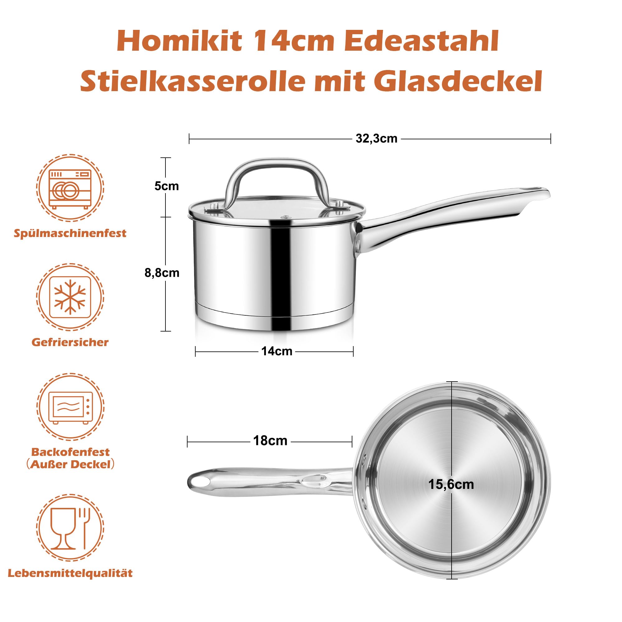 Homikit Rondel 14 cm, stal nierdzewna, mały garnek na mleko ze szklaną pokrywką, 3-warstwowe dno do wszystkich rodzajów kuchenek, garnek indukcyjny 0,95 l, na małe porcje, niemalowany i nadaje się do