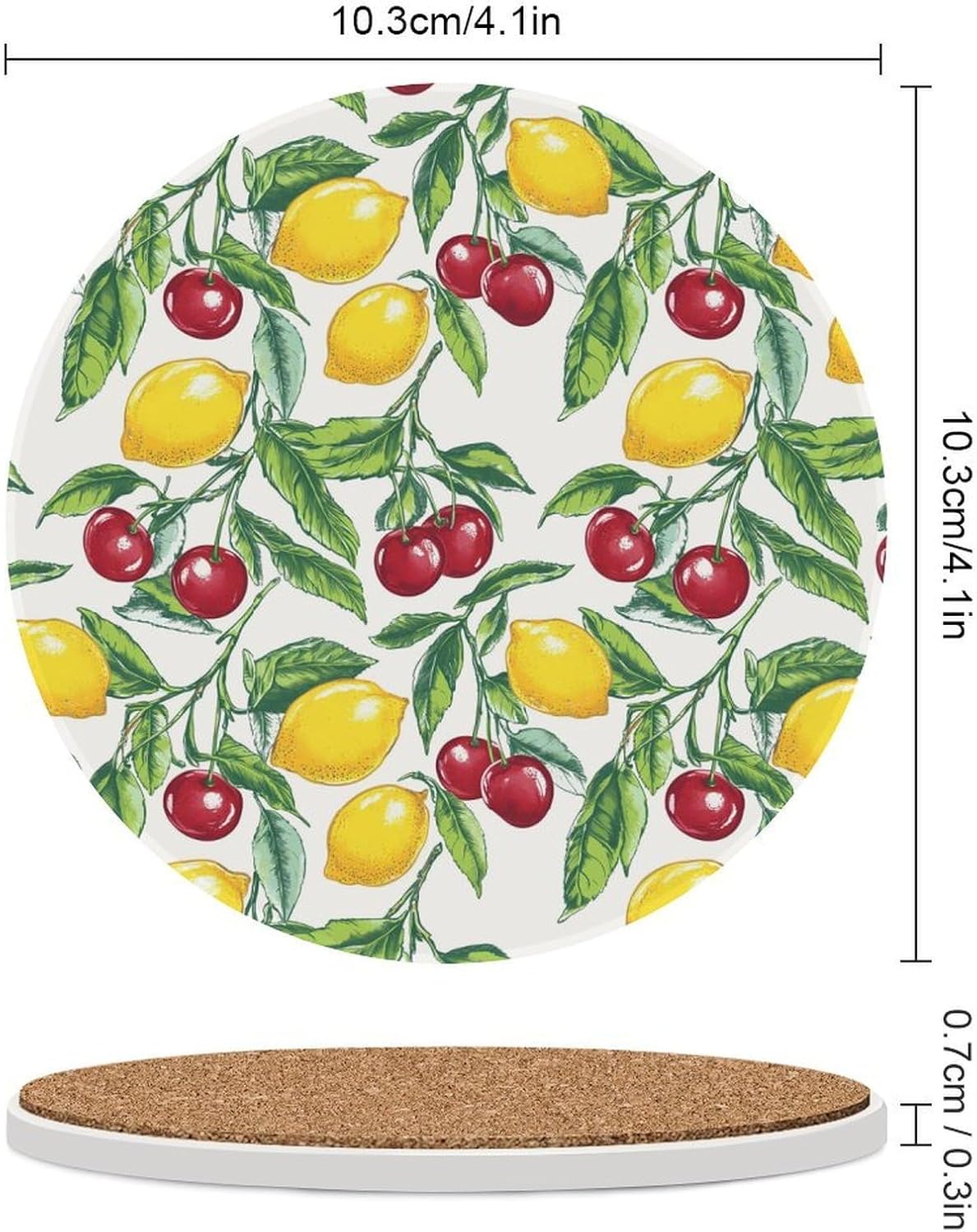 Cherry and Lemon Round Ceramic Coasters Print Drinks Absorbent with Cork Base for Home Decor Gifts 4 Inch