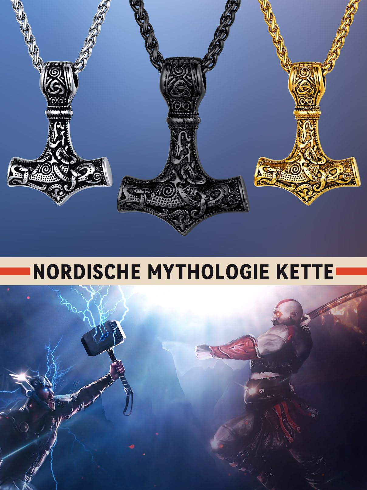 FaithHeart Halskette Herren Edelstahl Wikinger Mjölnir Kette für Jungen Schmuck für Weihnachten Geburtstag
