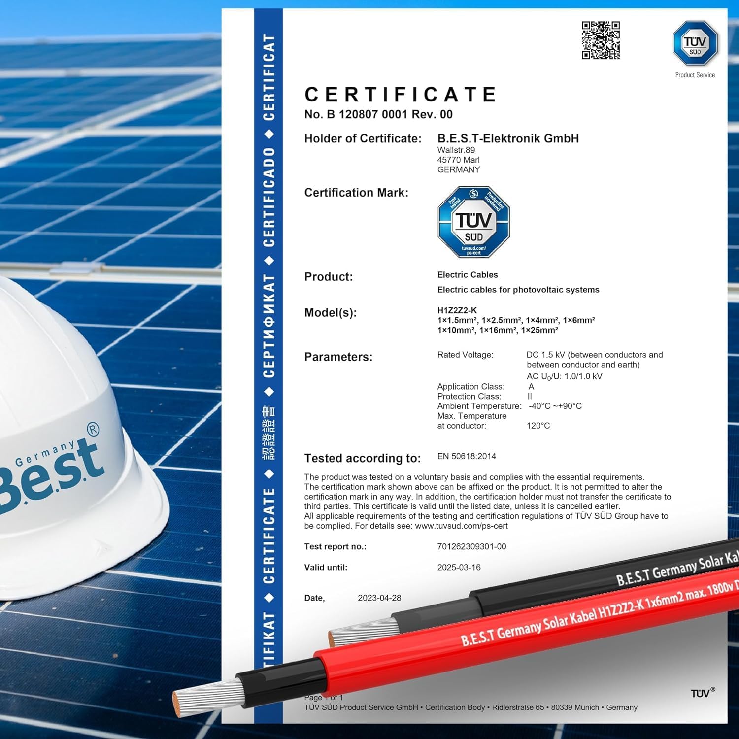 Germany B.e.s.t Solarkabel Duplex 4mm2 PV TÜV Zertifiziertes Kabel Aus Kupfer, Photovoltaik 50m Schwarz Und Rot