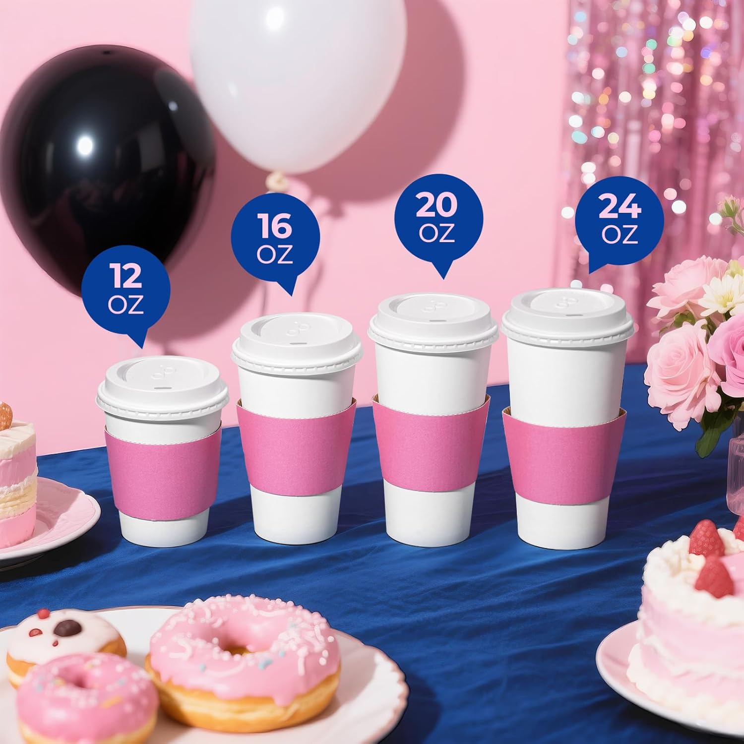 Fit Meal Prep 50 Pack 20 oz Disposable Coffee Cups With Lids and Pink Sleeves, Lead-Proof Sturdy To-Go Cups, Hot Paper Cups for Party, Wedding, Birthday (White Lids)