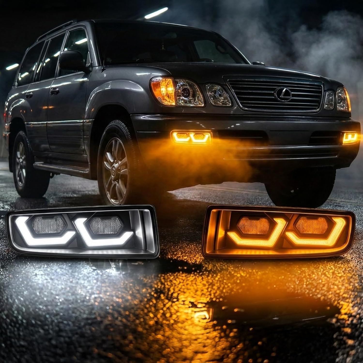 Driving Fog Spot Lights fit for 1998 1999 2000 2001 2002 2003 2004 2005 2006 2007 Lexus LX470 Accessories with LED White DRL Daytime Running Lights/Amber Sequential Turn Signal