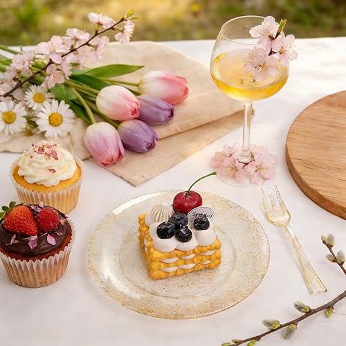 Miniatura 8 de Festiva 200 platos de postre dorados con purpurina de 6.3 pulgadas con tenedores de 5 pulgadas, platos pequeños de plástico para postre, pasteles,