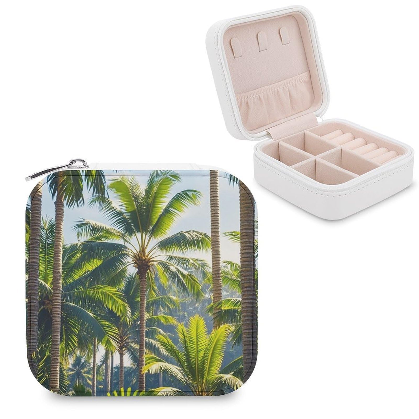 FekiLoot Palm Trees Travel Jewelry Box Small Jewelry Organizer Storage Case Portable PU Leather Mini Jewellry Travel Case Necklace Ring Storage Organizer Gift for Women