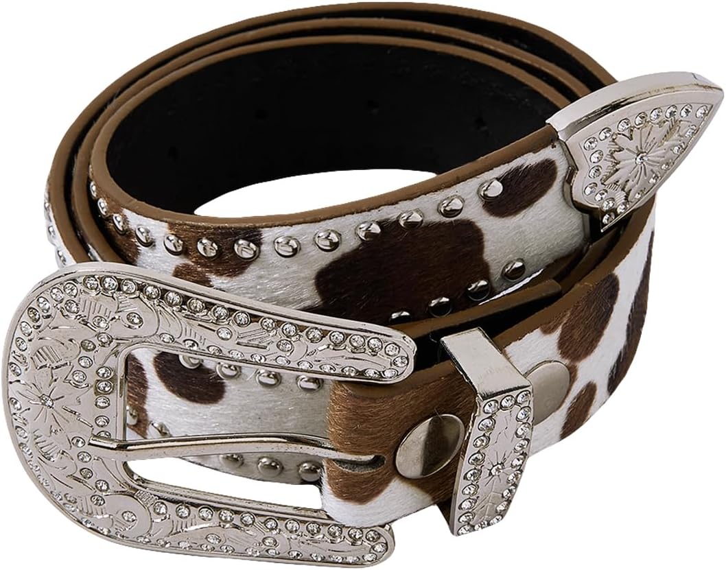 Women's Cow Print Buckle Belt Western Leather Belt Cowgirl Waist Belts - Image 2