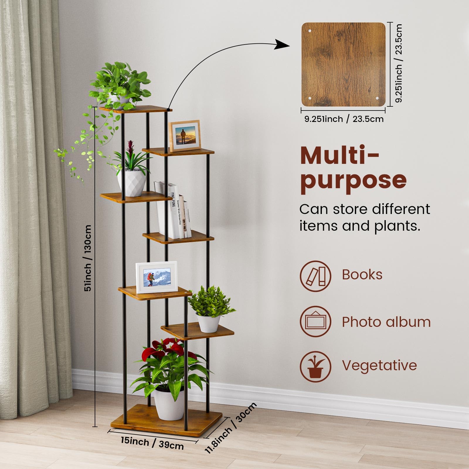 Scaffale Portafiori in Metallo 7 Ripiani Porta Piante Da Interno 30x39x130 cm Supporto Per Piante In Legno Adatto per Interni ed Esterni, Decorazione per Balcone da Giardino, Soggiorno, Ufficio, Nero