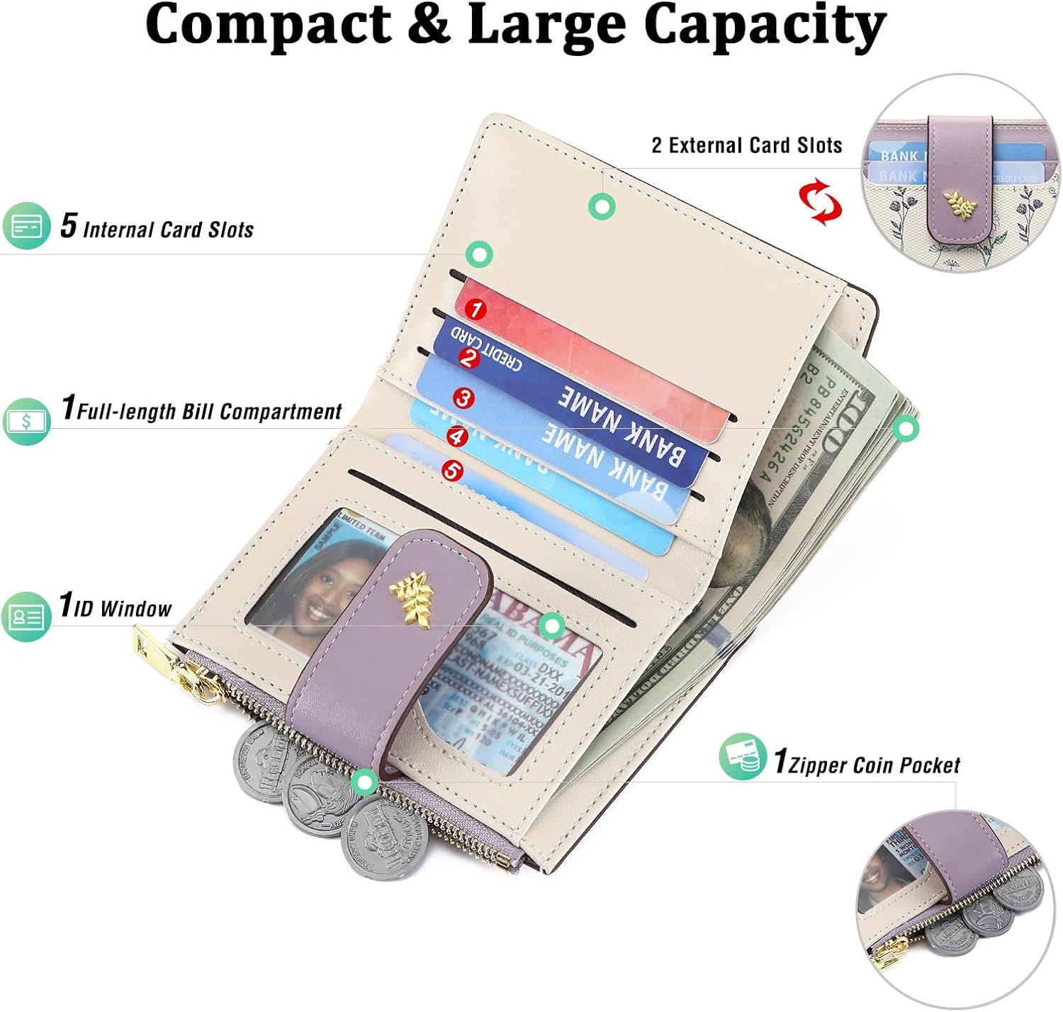 GAEKEAO Small Wallets for Women RFID Blocking Leather Bifold Zipper Pocket Wallet Credit Card Holder with ID Window - Image 2