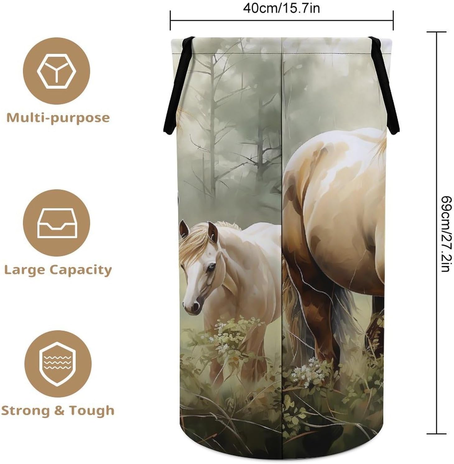 Large Laundry Hamper with Handles Paintings Horses Laundry Basket Freestanding Waterproof Clothes Hamper for Living Room Bedroom Bathroom College Dorm