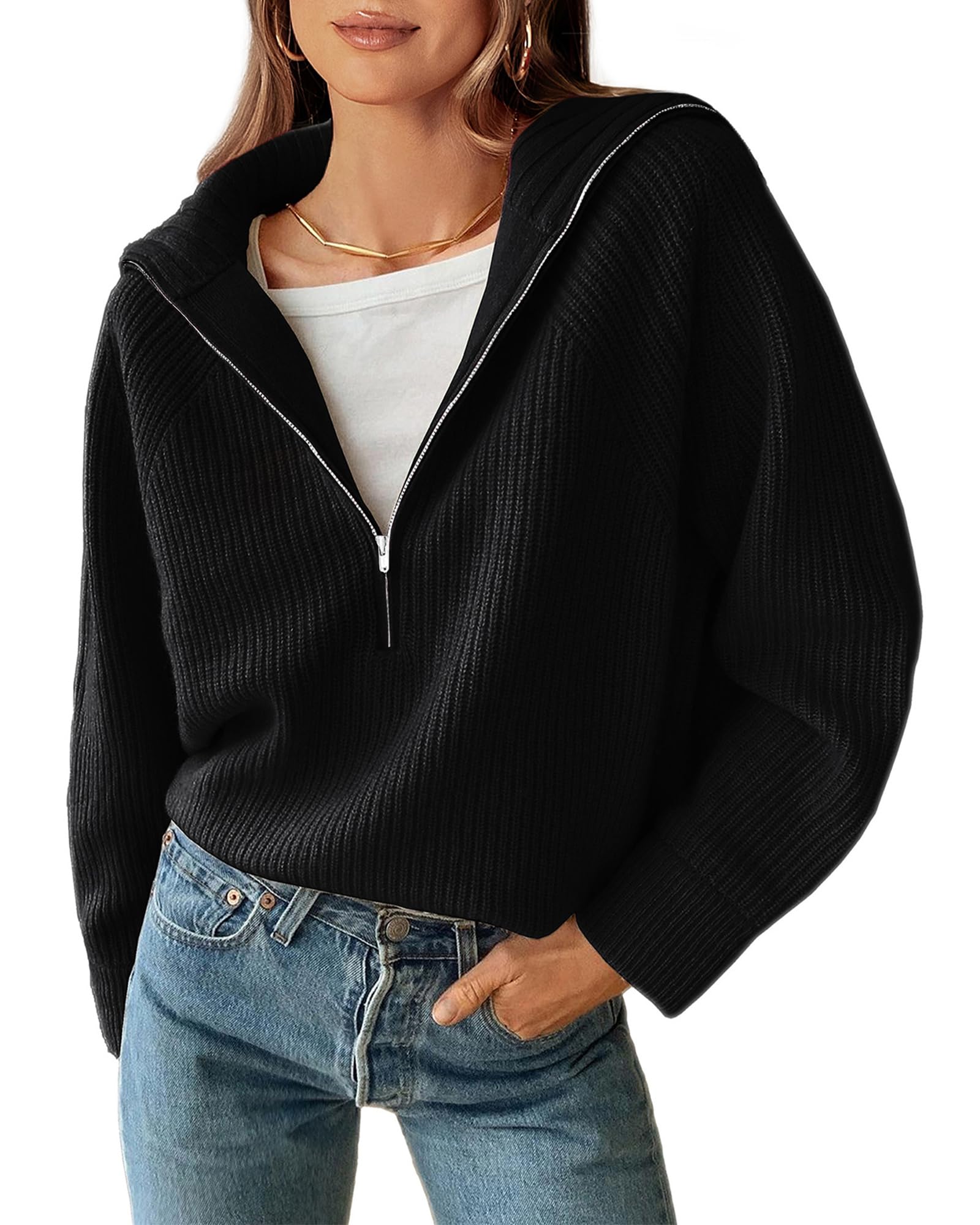Btfbm Womens Casual Long Sleeve Half Zip Pullover Sweaters Solid