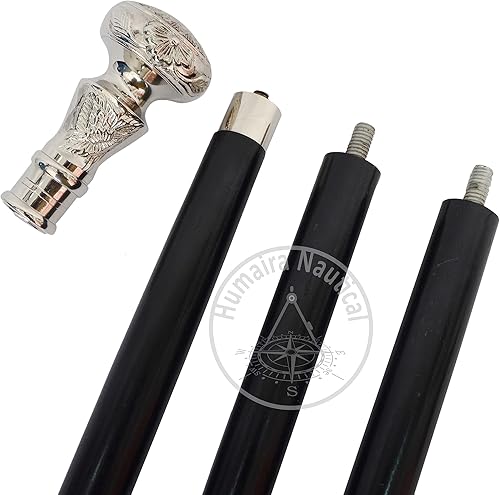 Miniatura 3 de Humaira Nautical Bastón antiguo vintage de madera bastón de latón plateado mango perilla regalo 01