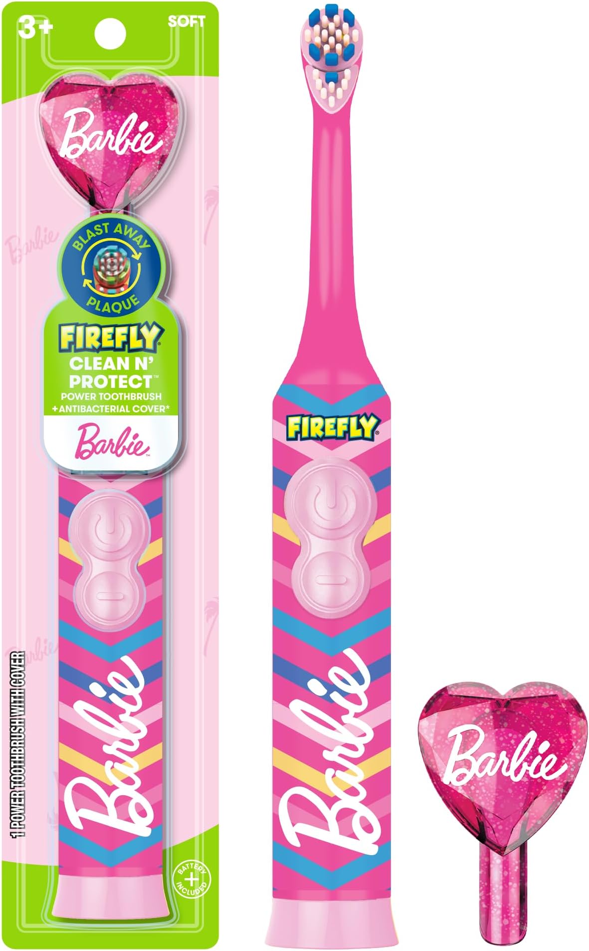 Firefly Clean N' Protect Barbie Toothbrush with Antibacterial Cover, Soft Bristles, Battery Included, Ages 3+, 1 Count