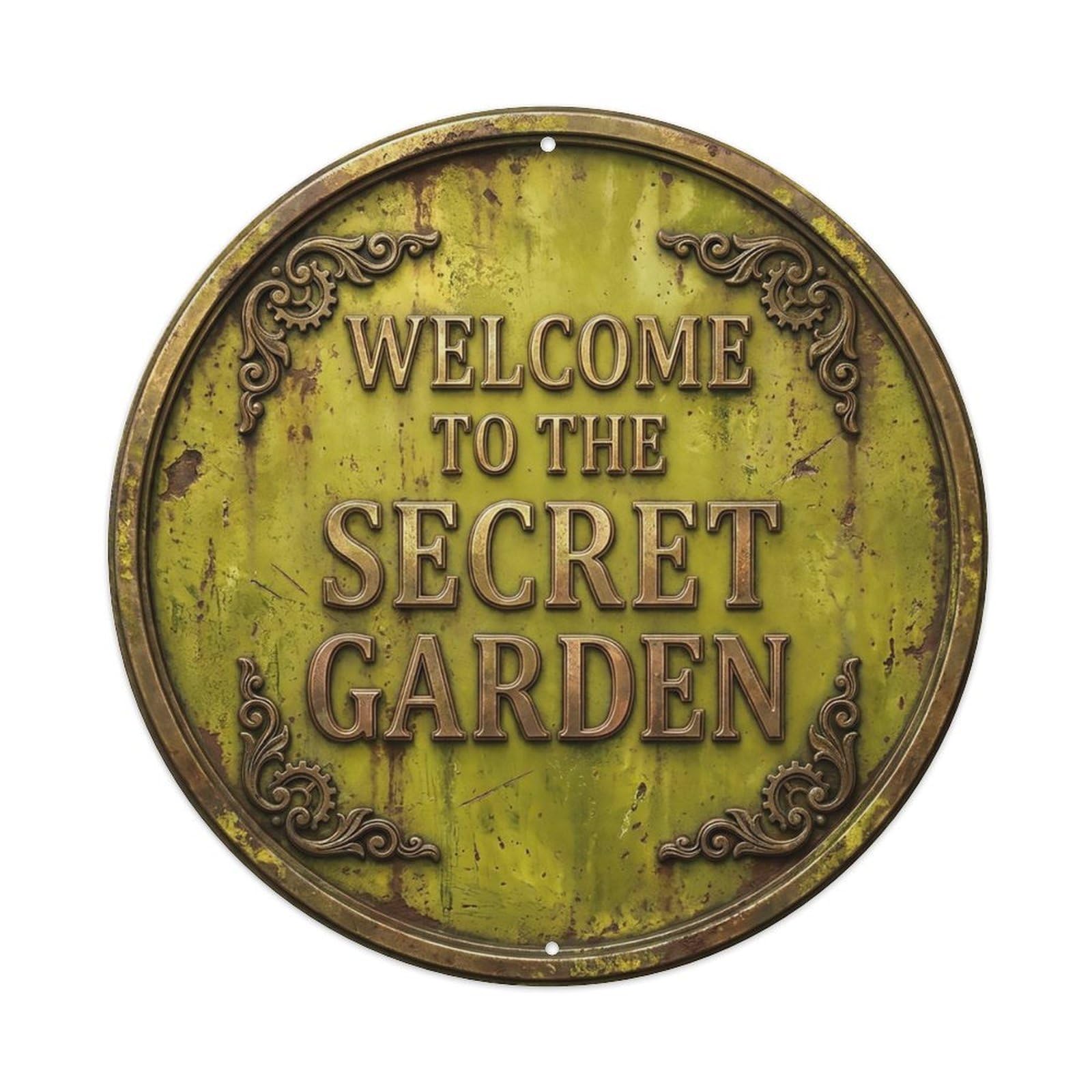 Vintage Welcome Secret Garden Gold Chartreuse Heritage Metal Tin Sign