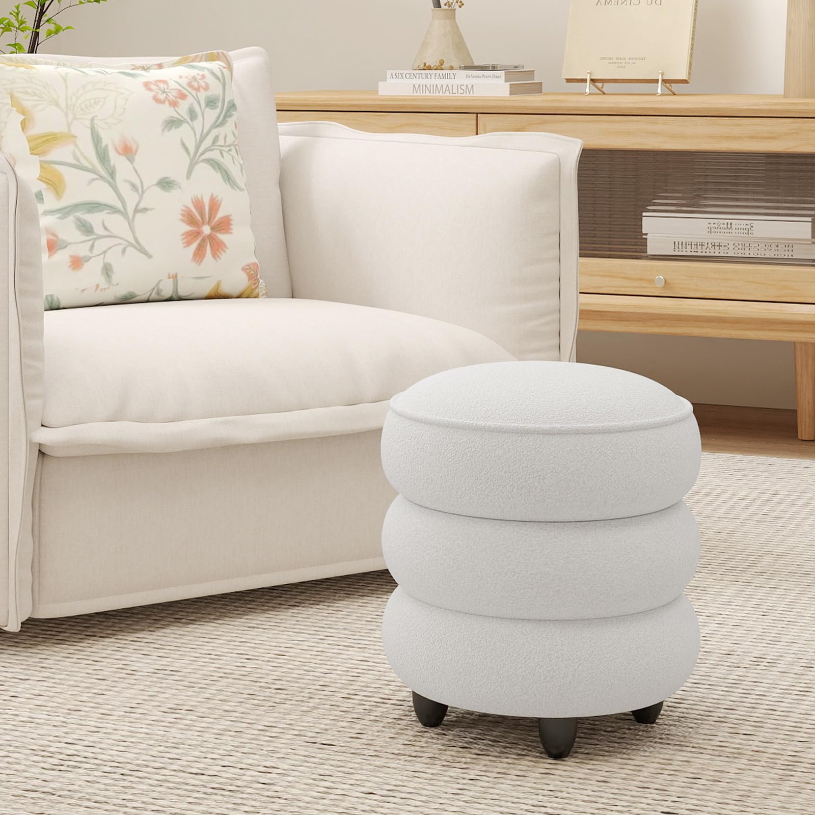 COSTWAY Pouf Contenitore Rotondo 20 L, Ottomano con Coperchio Rimovibile, Sgabello da Trucco con Gambe in Legno di Gomma, Portata 150 kg, per Camera da Letto e Salotto