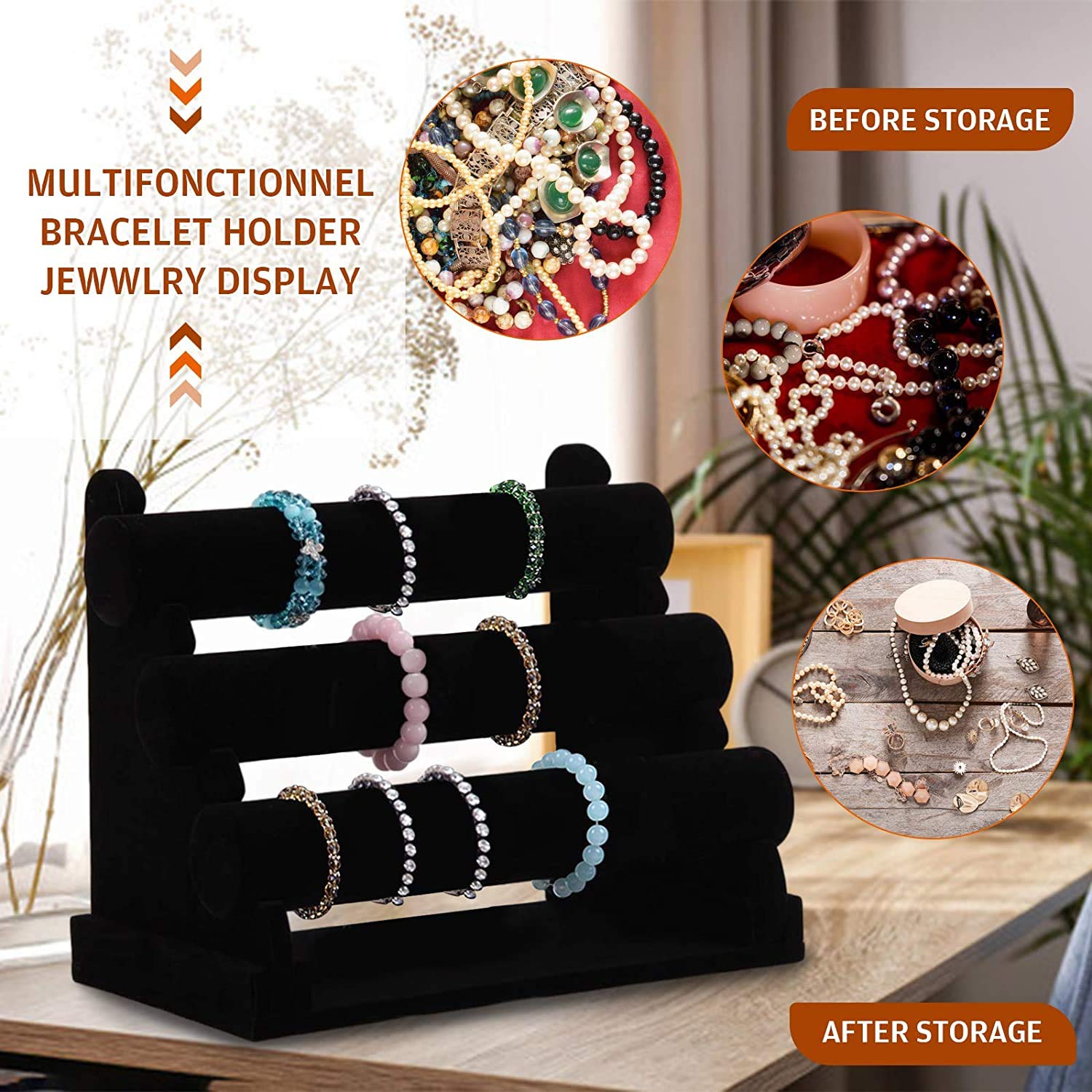 POFET Support de bracelet en velours à 3 barres pour montres, colliers, bijoux - Noir