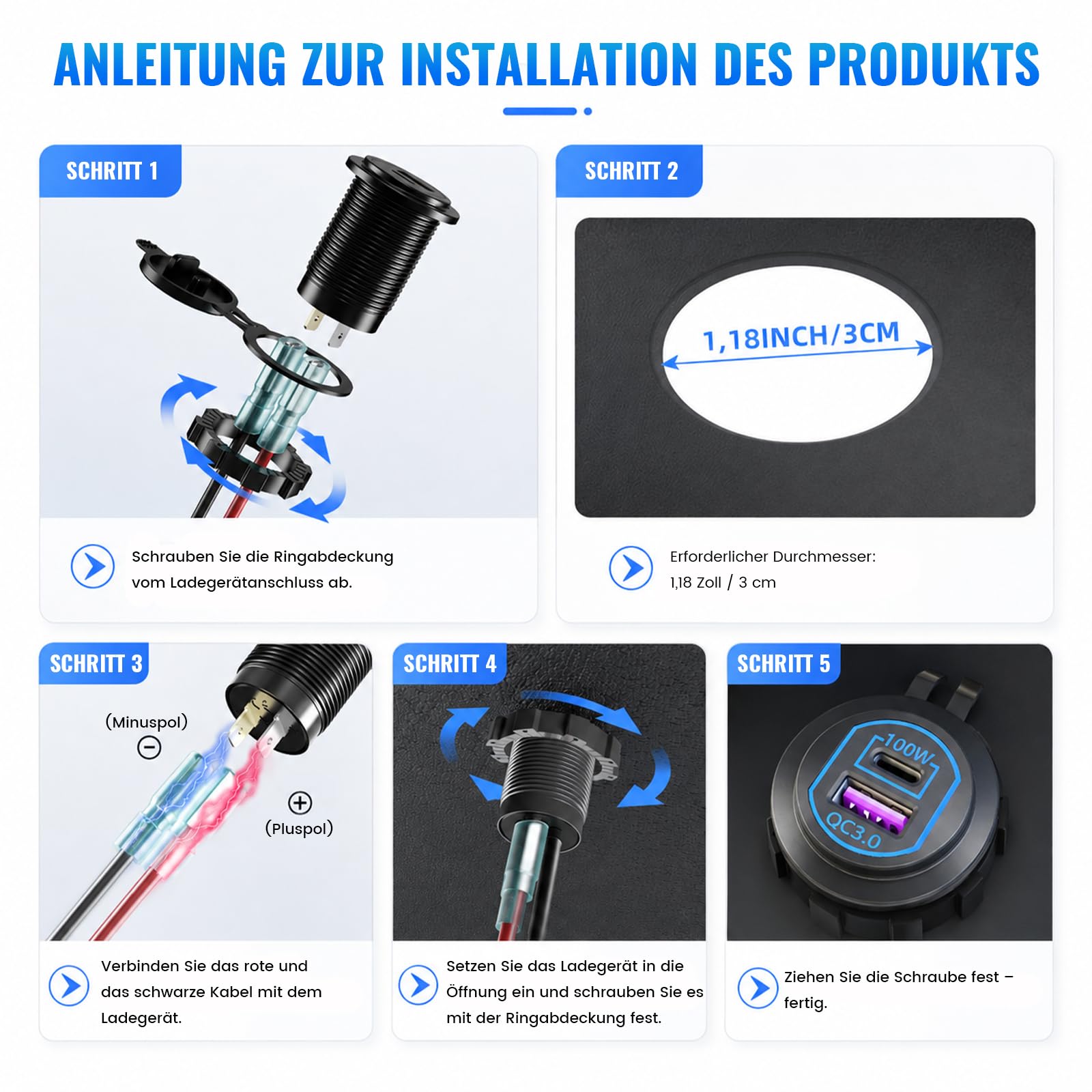 12V USB C Steckdose 100W PD & 18W QC,Wohnmobil Auto USB Dose Buchse 12 Volt