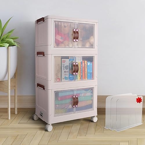 Evakeep - Contenedores de almacenamiento plegables de 3 niveles, contenedores de almacenamiento apilables con puertas dobles transparentes y ruedas,