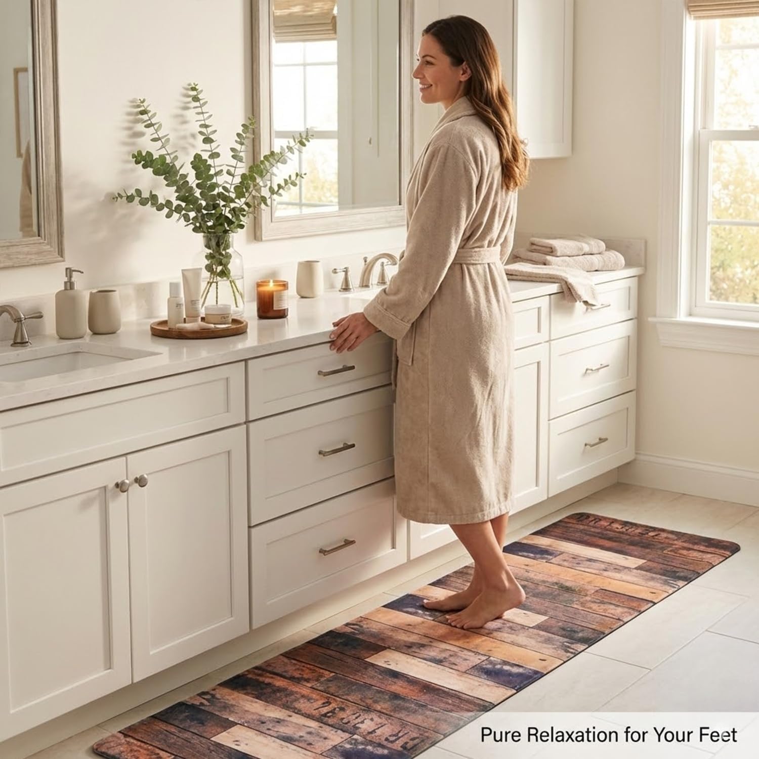 Bathroom Rug Runner 2x6, Thick Anti-Fatigue Non-Slip Memory Foam Kitchen Runner Mat, Farmhouse Wood Printed, Absorbent Washable Cushioned Carpet for Double Vanity, Shower,Laundry