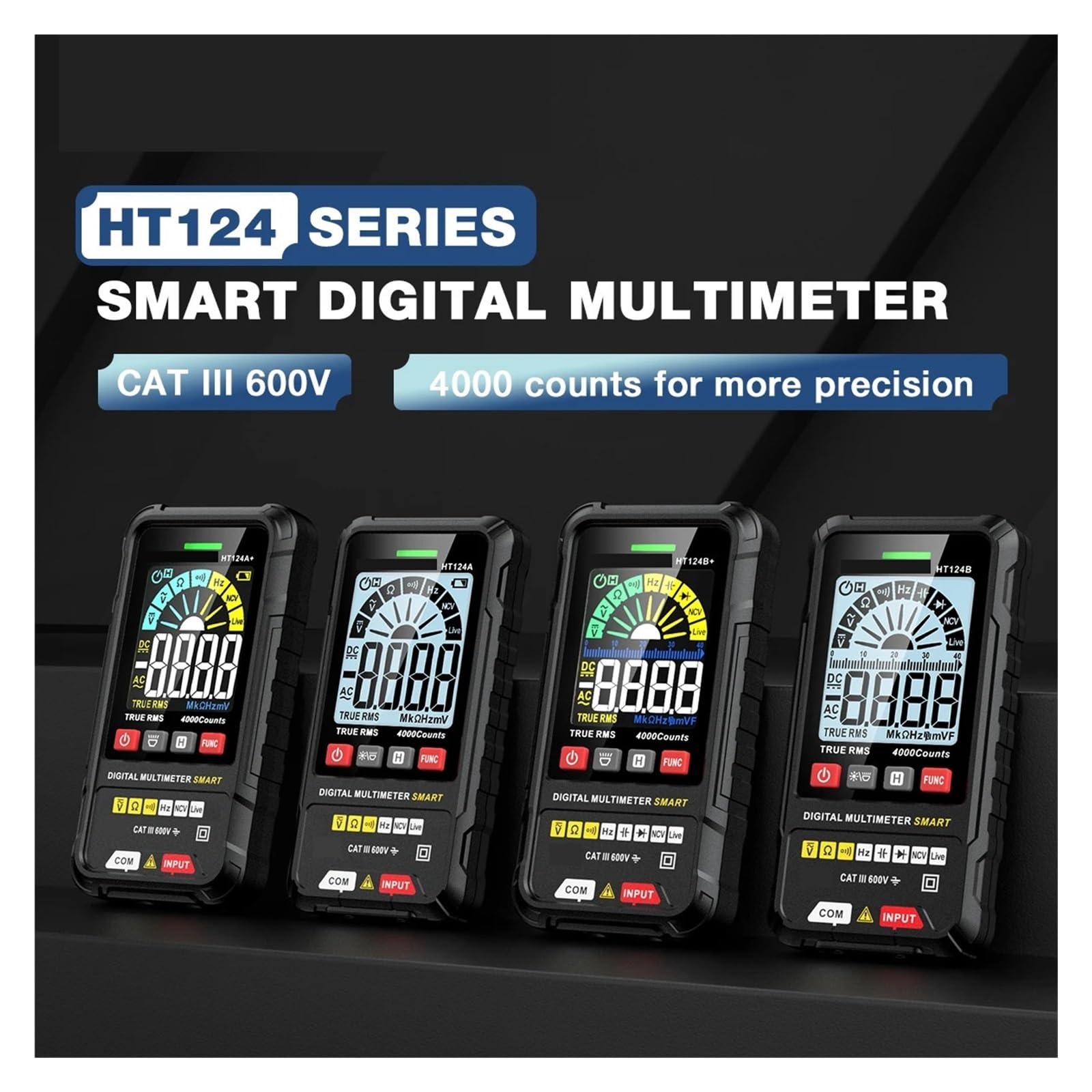 Multimetr Cyfrowy HT124 4000 Zliczeń Auto Zakres Tester Napięcia Ohm Hz Pojemność True AC DC DMM Multitester Bezpieczny, Praktyczny, DokłAdny(HT124B Plus)