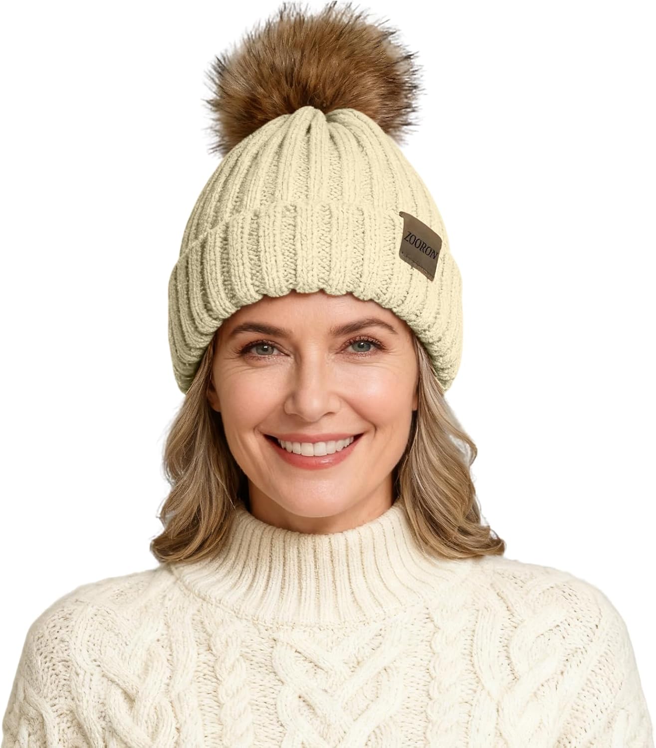 ZOORON Beanies for Womens Winter Knitted Beanies Hats with Faux Fur Pom Warm Knit Skull Cap