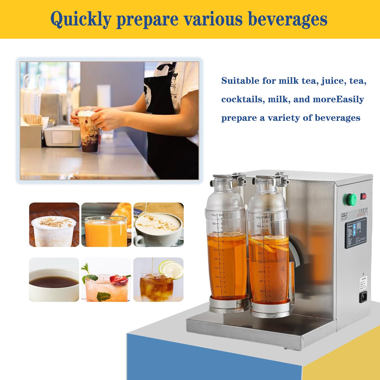 Máquina eléctrica de coctelera de té con leche, mezclador automático de doble cabezal para Boba, cócteles, jugo y café, 120 W con temporizador ajustable, se adapta a tazas de 350 ml a 1000 ml para el