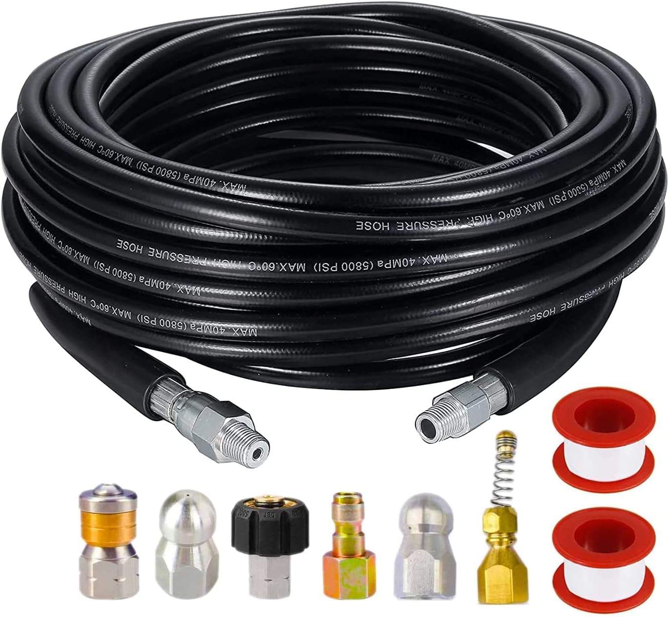 Sewer Jetter Kit 100FT for Pressure Washer, 5800PSI Drain Cleaner Hose 1/4 Inch NPT, Corner, Rotating and Button Nose Sewer Jetting Nozzle