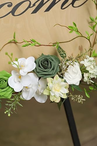 Miniatura 5 de YYHUAWU Caja Combo de Flores Artificiales Color Verde Bosque Rosas Falsas de Espuma con Tallos para Ramos de Boda DIY Centros de Mesa Baby Shower