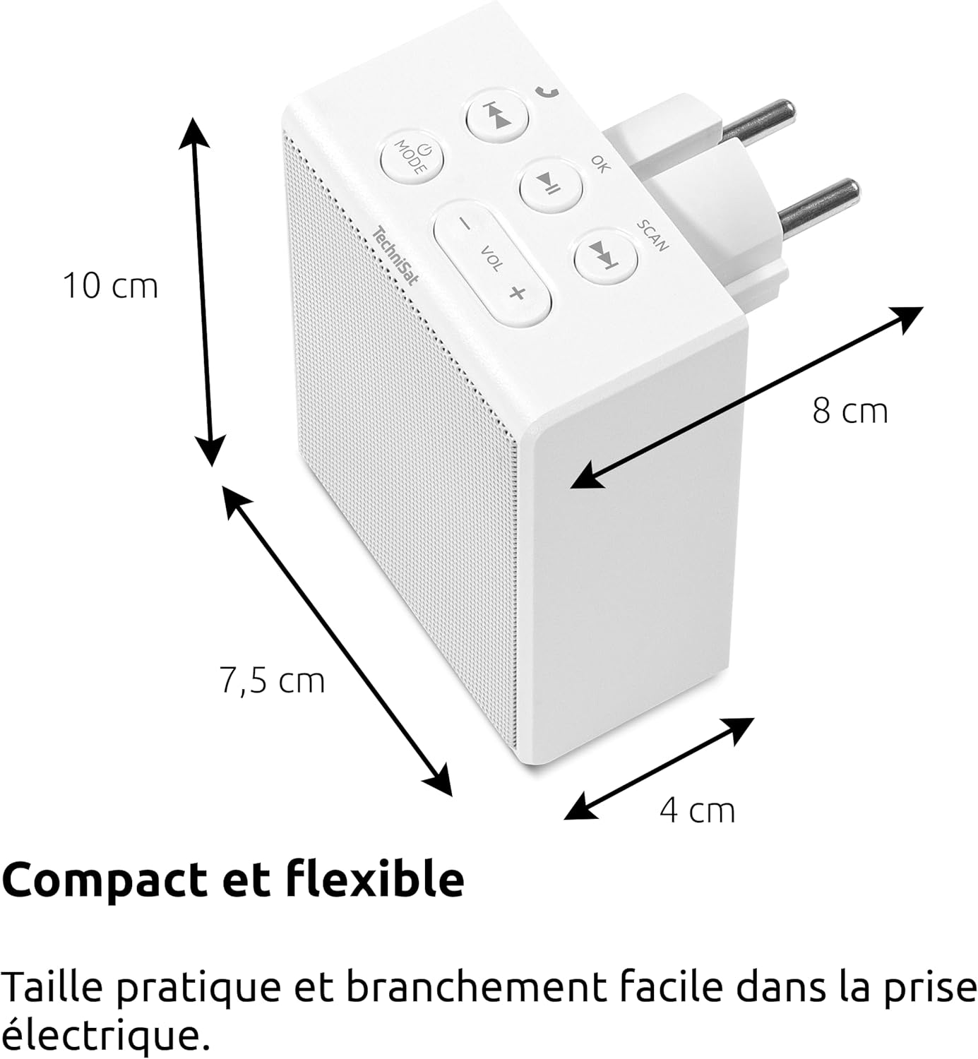 TechniSat VIOLA radio with dimensions 7.5 cm (width), 10 cm (height), and 8 cm (depth).