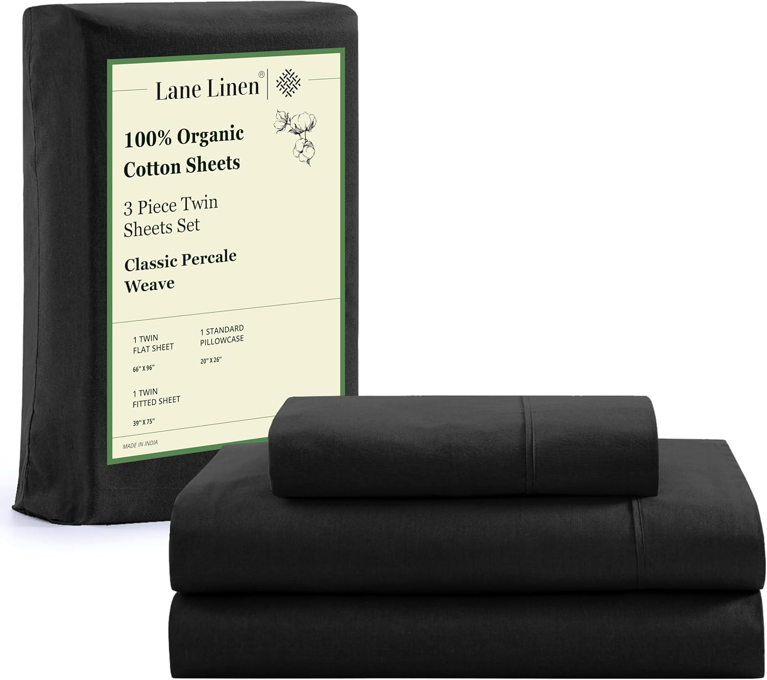 LANE LINEN 100% Organic Cotton Twin Bed Sheet Set, 3 Pc Twin Size Sheets Set, Soft & Breathable Twin Sheet Set Boys, Hotel Style Bedding Sheets & Pillowcases, 15" Deep Fitted Sheet - Black