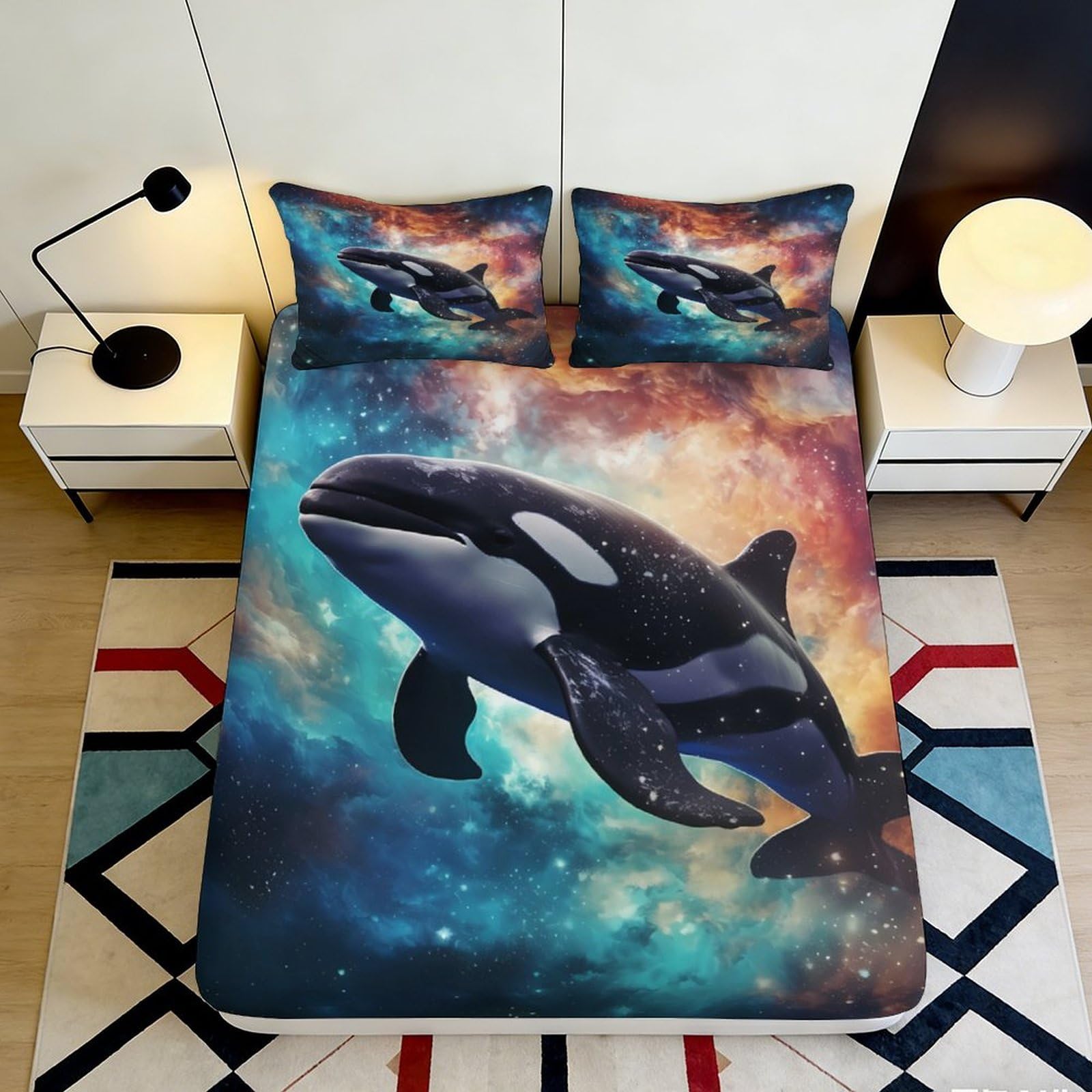 3D Printed Galaxy Orca Fitted Sheet Microfiber Soft Breathable Cosmic Nebula Mattress Cover for Bedroom Dorm Dormitory Guest Room Protection 160x200x25cm