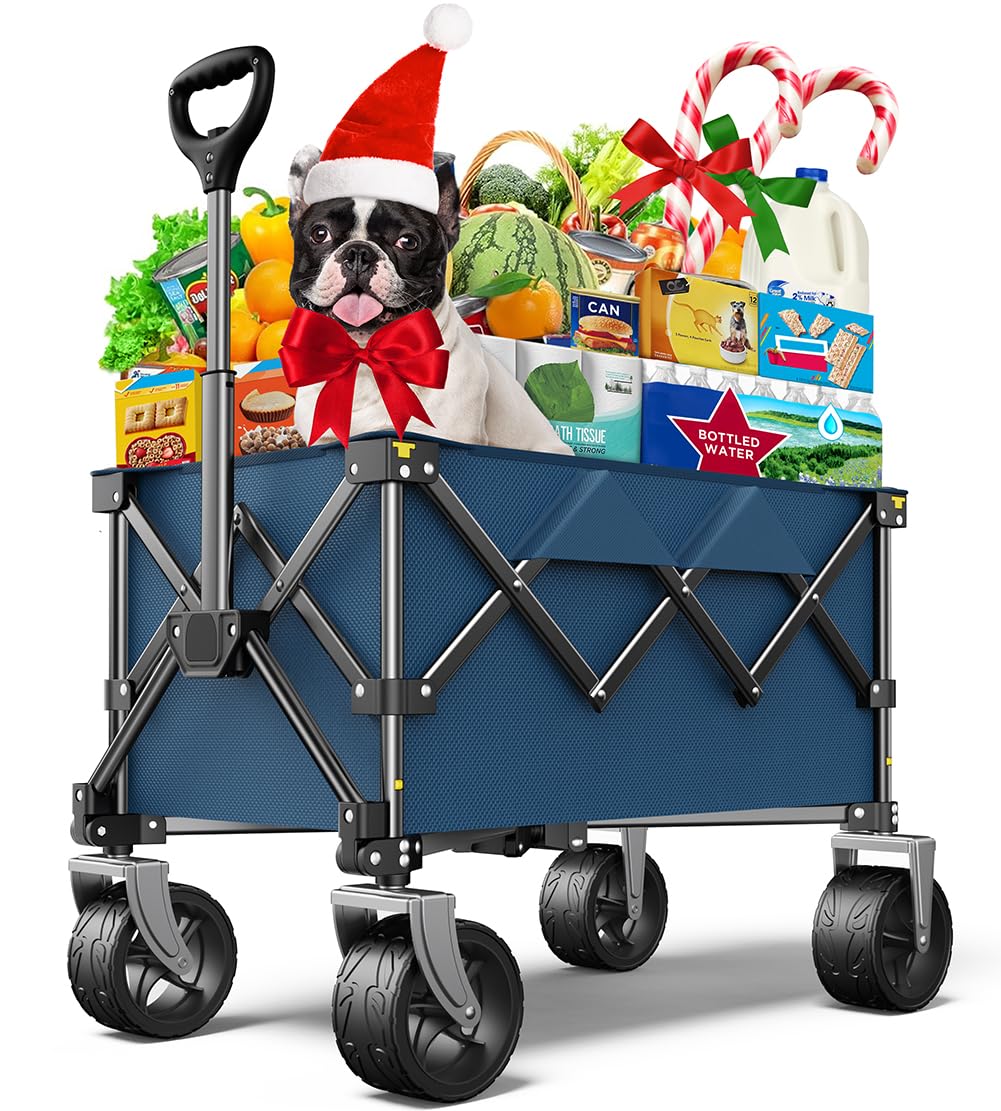 Beach Wagon,Collapsible-Wagon 220lbs with Big Wheels FoldableWagon Carts,Portable Utility for Garden Grocery Sports Camping All Terrain-Blue
