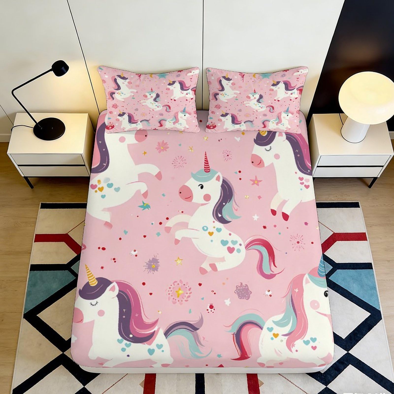 3D Printed Pink Unicorn Fitted Sheet Microfiber Soft Breathable Magical Creatures Mattress Cover for Bedroom Dormitory Guest Room Protection Decor 140x200x25cm