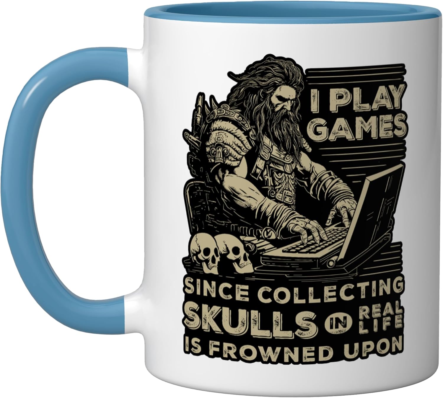 Gaming Warrior Collecting Skulls Pc Game MMO RPG Games Gamer Ceramic Mug, Blue/White